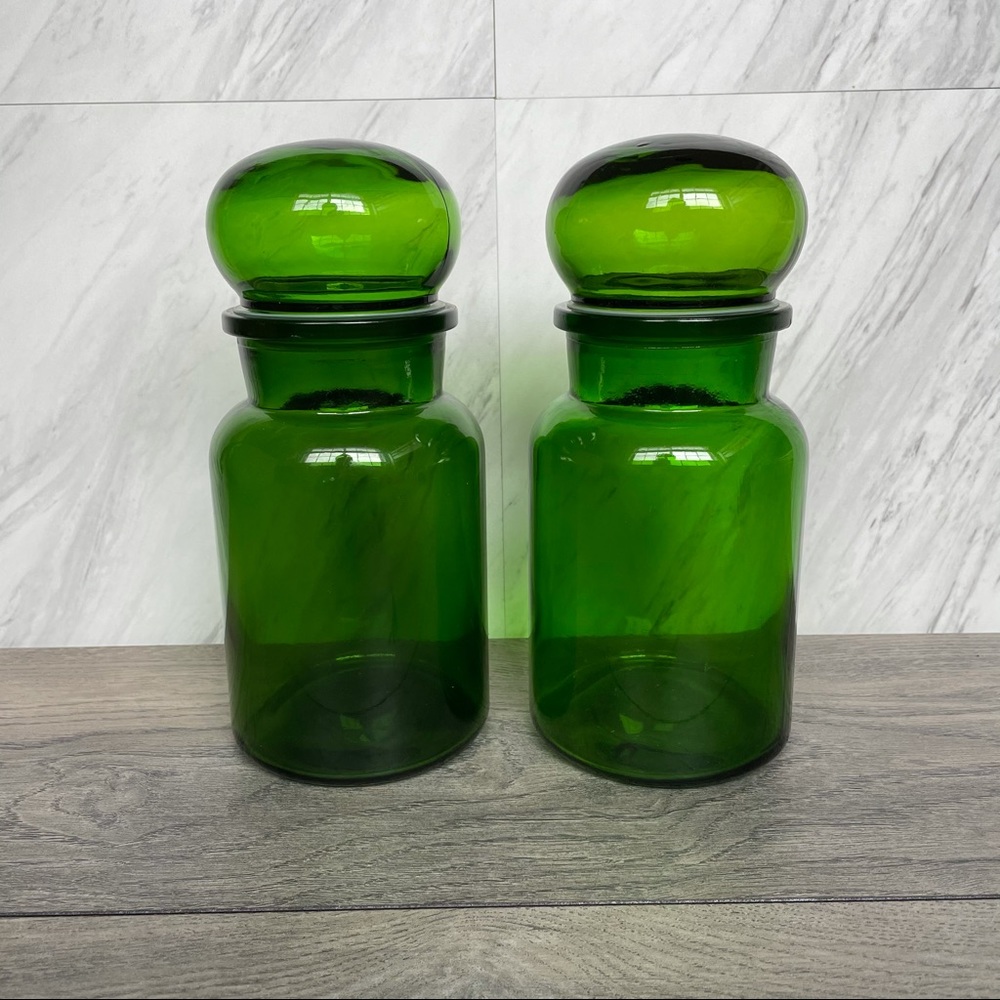 SOLD 2 Vintage Emerald Green Glass Apothecary Jars